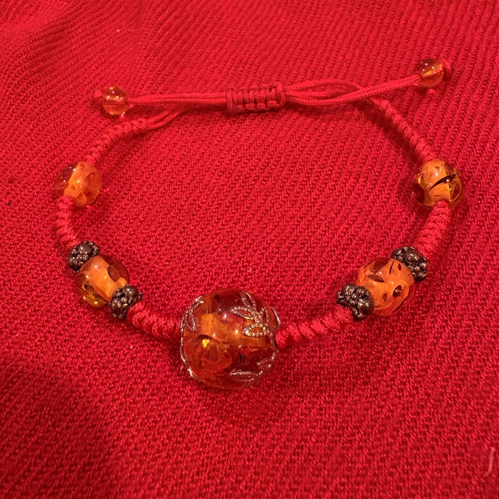 Red Rope Braided Bracelet w/Amber Beads and Beads Inlaid with Black Rhinestone